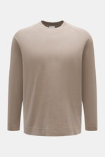 Frontale Nahaufnahme des 04651/ A trip in a bag Longsleeve 'Nunu' taupe aus schwerem Baumwoll-Jersey mit Rundhals, Raglanärmel, Regular Fit.
