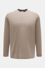 Frontale Nahaufnahme des 04651/ A trip in a bag Longsleeve 'Nunu' taupe aus schwerem Baumwoll-Jersey mit Rundhals, Raglanärmel, Regular Fit.