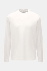 Frontale Nahaufnahme des cremefarbenen 04651/ A trip in a bag Longsleeve 'IF Tee' aus elastischer Baumwolle, Regular Fit mit Rundhalsausschnitt und kurzen Saumschlitzen, sehr weicher Griff, vielseitiges Basic für komfortables Layering.
