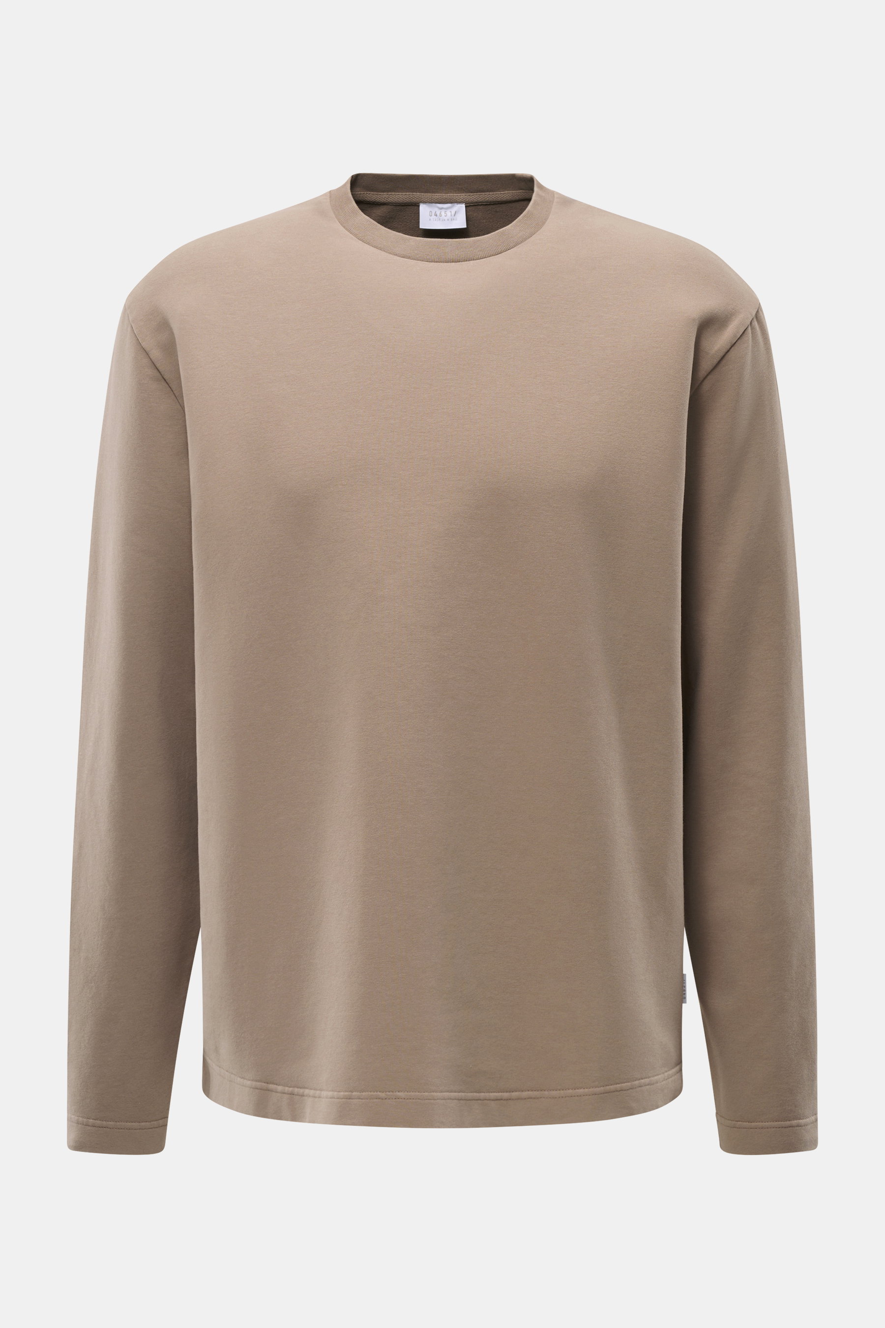Front view of 04651/ A trip in a bag Longsleeve 'IF Tee' taupe, soft elastic cotton jersey, regular fit, round neckline, short hem slits.