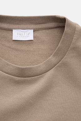 Nahaufnahme des Rundhalsausschnitts des 04651/ A trip in a bag Longsleeve 'IF Tee' taupe, fotografiert von oben; vielseitiges Basic mit elastischer Baumwolle, weichem Griff, Regular Fit und kurzen Saumschlitzen.