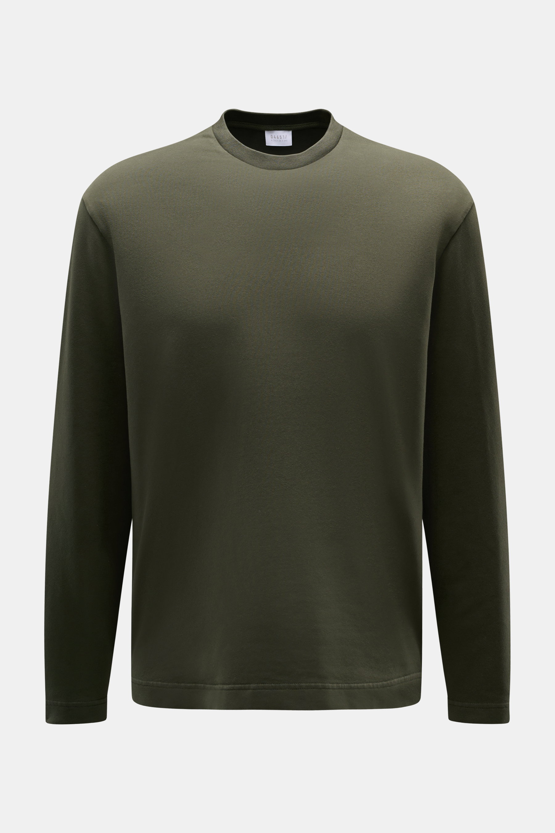 Frontale Nahaufnahme des graugrünen 04651/ A trip in a bag Longsleeve 'IF Tee' aus elastischer Baumwolle mit Rundhalsausschnitt, Regular Fit, weichem Griff und kurzen Saumschlitzen, vielseitiges Basic und komfortables Layering-Piece.