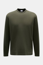 Frontale Nahaufnahme des graugrünen 04651/ A trip in a bag Longsleeve 'IF Tee' aus elastischer Baumwolle mit Rundhalsausschnitt, Regular Fit, weichem Griff und kurzen Saumschlitzen, vielseitiges Basic und komfortables Layering-Piece.