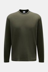 Frontale Nahaufnahme des graugrünen 04651/ A trip in a bag Longsleeve 'IF Tee' aus elastischer Baumwolle mit Rundhalsausschnitt, Regular Fit, weichem Griff und kurzen Saumschlitzen, vielseitiges Basic und komfortables Layering-Piece.