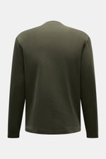 Rückansicht des graugrünen 04651/ A trip in a bag Longsleeve 'IF Tee' aus elastischer Baumwolle, soft und Regular Fit.