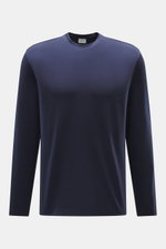 Front view of 04651/ A trip in a bag Longsleeve 'WJ Tee' navy, a versatile basic with a round neckline, regular fit, short hem slits, made of soft wool and microfiber blend.