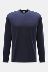 Front view of 04651/ A trip in a bag Longsleeve 'WJ Tee' navy, a versatile basic with a round neckline, regular fit, short hem slits, made of soft wool and microfiber blend.