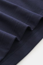 Close-up, macro shot from a side angle of navy fabric folds showing stitching details of the 04651/ A trip in a bag Longsleeve 'WJ Tee' navy. Versatile basic: The soft longsleeve combines a mix of wool and high-quality microfiber for a very soft feel, reg