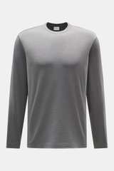 Front view of 04651/ A trip in a bag Longsleeve 'WJ Tee' grey melange, a versatile basic with crew neckline, regular fit, soft wool and microfiber blend, and short hem slits, ideal for layering on cooler days.