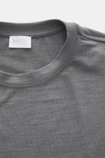 Close-up front view of the grey melange crew neckline and label of the 04651/ A trip in a bag Longsleeve 'WJ Tee', a versatile basic with a mix of wool and microfiber, very soft feel, regular fit, and short hem slits.