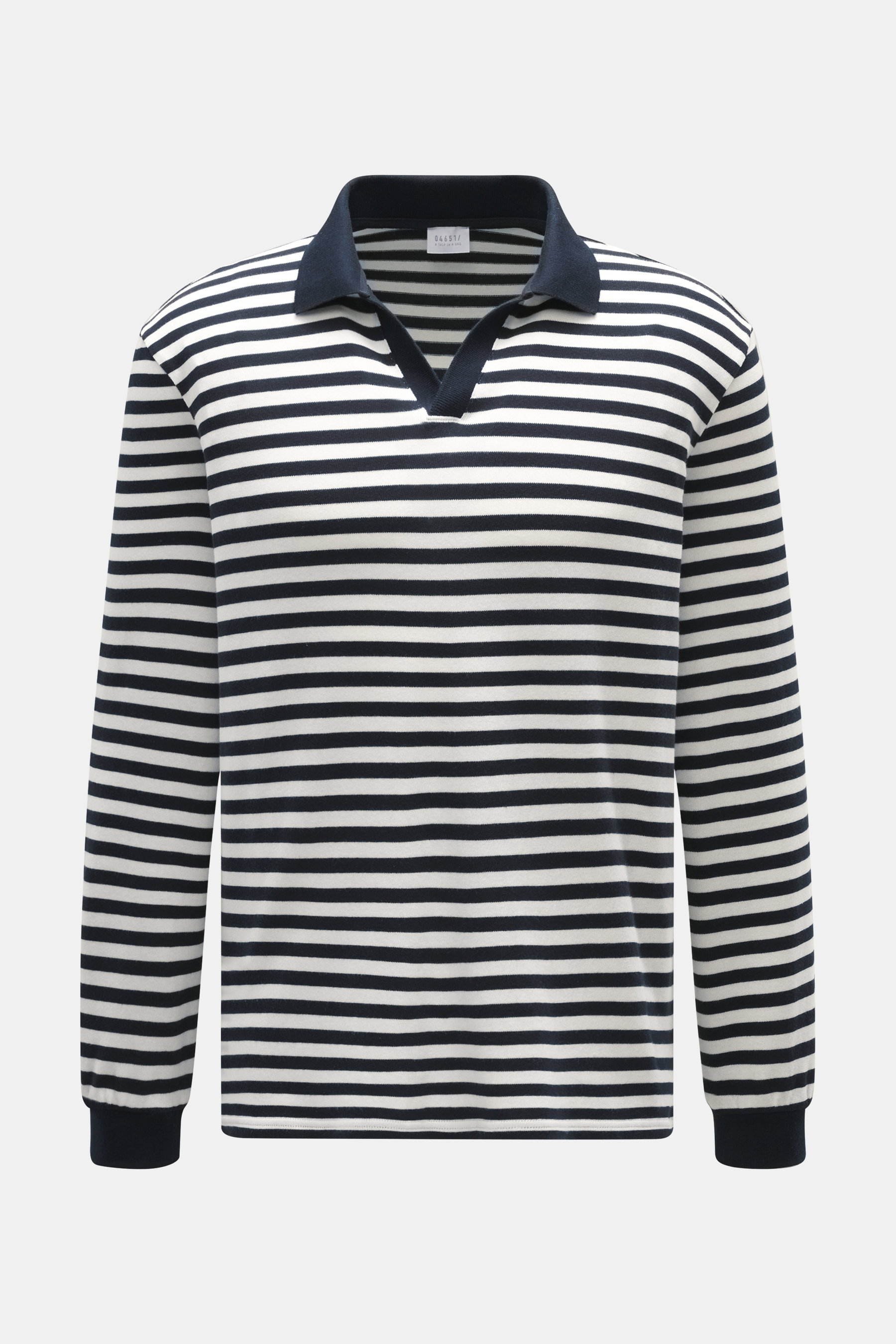 Front view of 04651/ A trip in a bag Knitted Polo 'Johnny' dark navy/offwhite striped, knitted from pure cotton with a skipper collar, fine knit pattern, regular fit, textured feel, side seam label, comfortable cuffs, and short hem slits for casual leisur