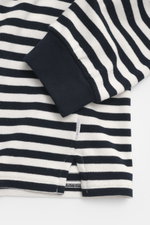 Alt-Tag (124 Zeichen): Nahaufnahme des 04651/ A trip in a bag Strickpolo 'Johnny' dark navy/offwhite gestreift mit Ärmelbündchen und Saumschlitz.