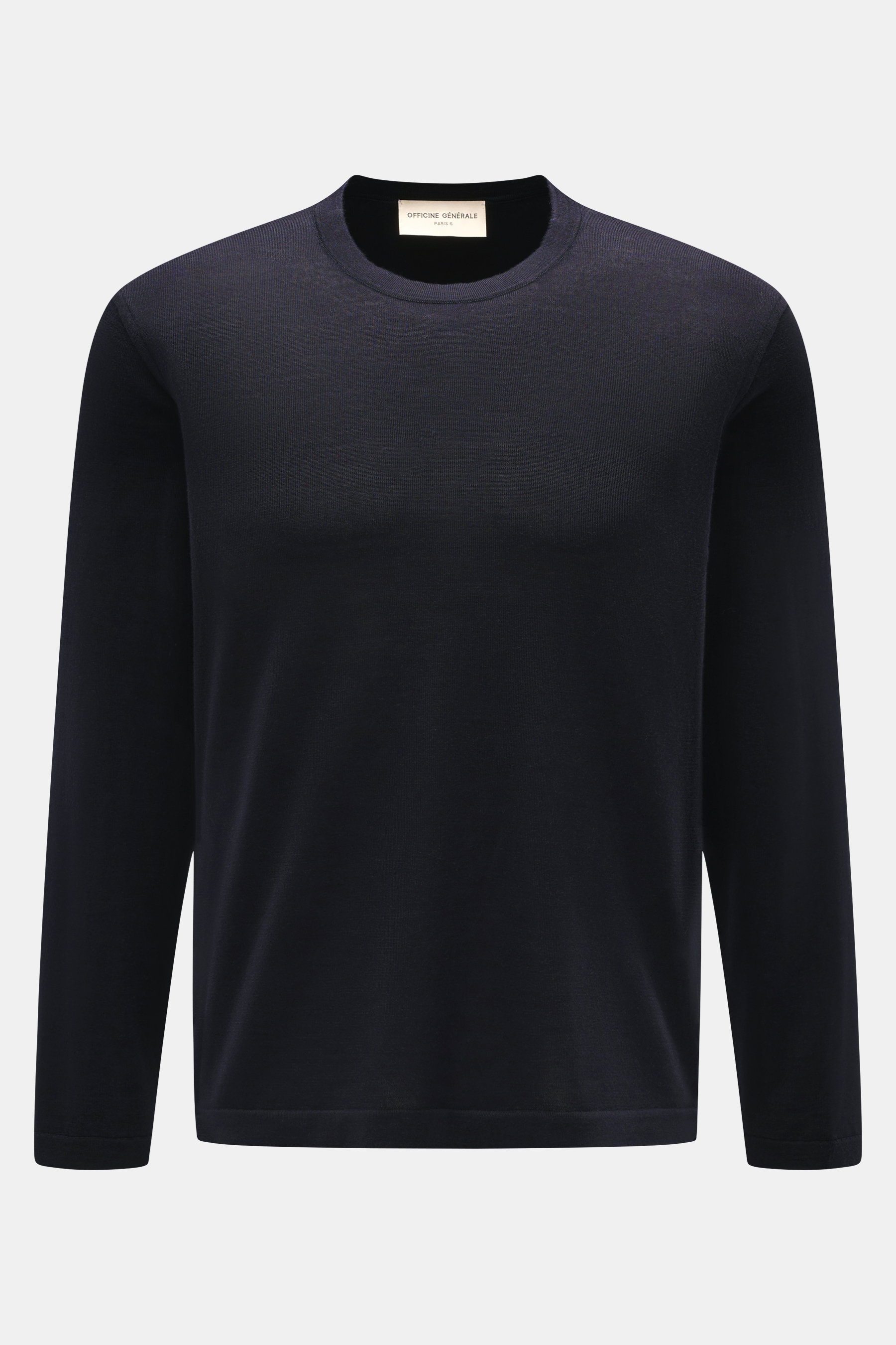 Officine Générale Feinstrick-Rundhalspullover dark navy, frontal fotografiert, luxuriöses Basic aus Wolle und Seide, Slim Fit, weicher Griff, feines Strickbild, Rundhalsausschnitt, doppelte Saumkante.