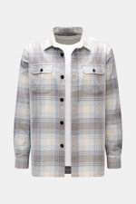 Frontale Ansicht des 04651/ A trip in a bag Overshirt 'Check Overshirt' offwhite/hellblau/grau kariert im Flanell-Look mit Umlegekragen, Regular Fit, sechs Knöpfen und aufgesetzten Brusttaschen.