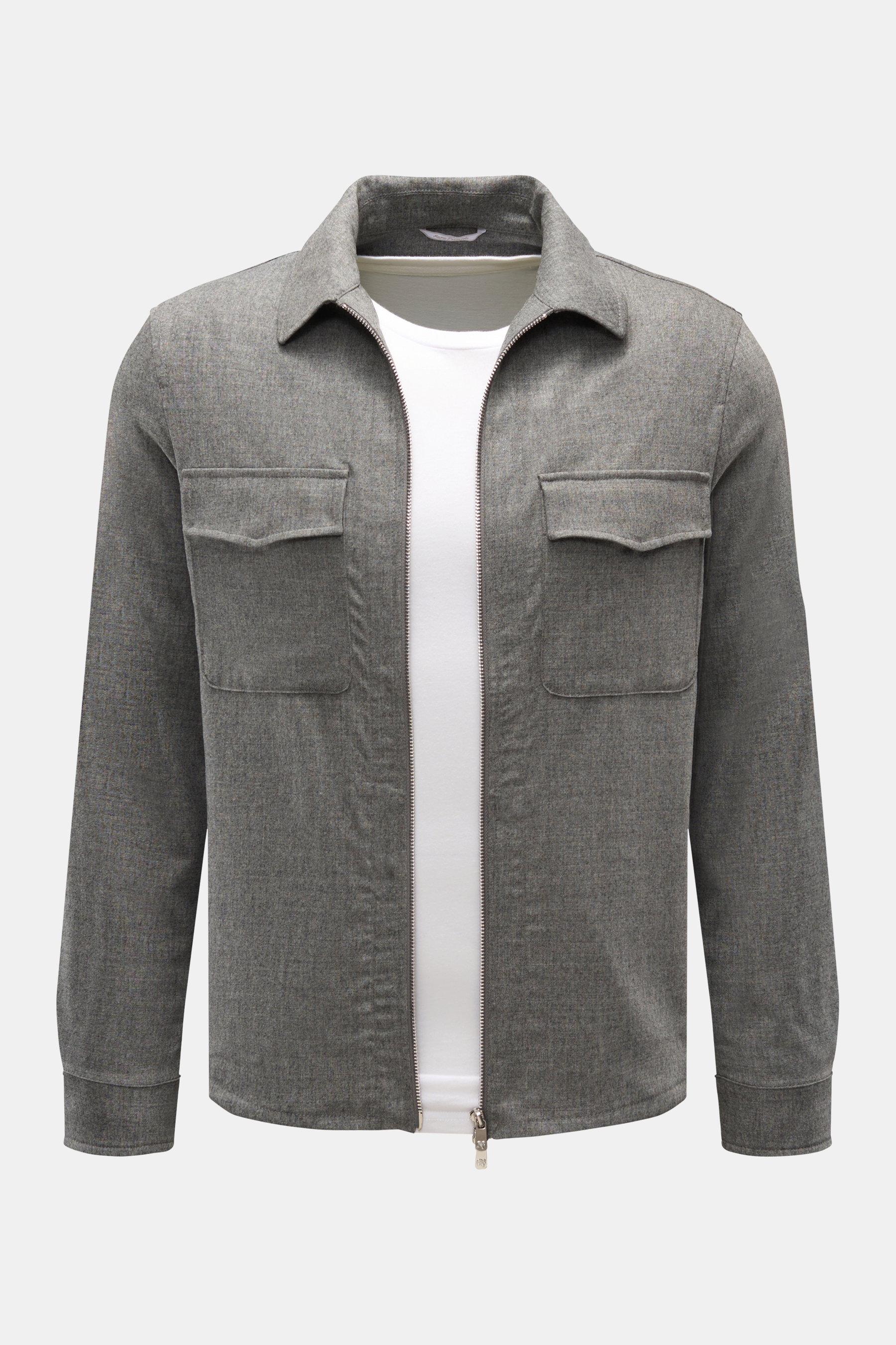 Marco Pescarolo Overshirt 'Urus' grau meliert, Vorderansicht, Slim Fit mit Umlegekragen, Zipper, Brust- und Hüfttaschen, Wolle-Cashmere-Mix, weiche Webstruktur.