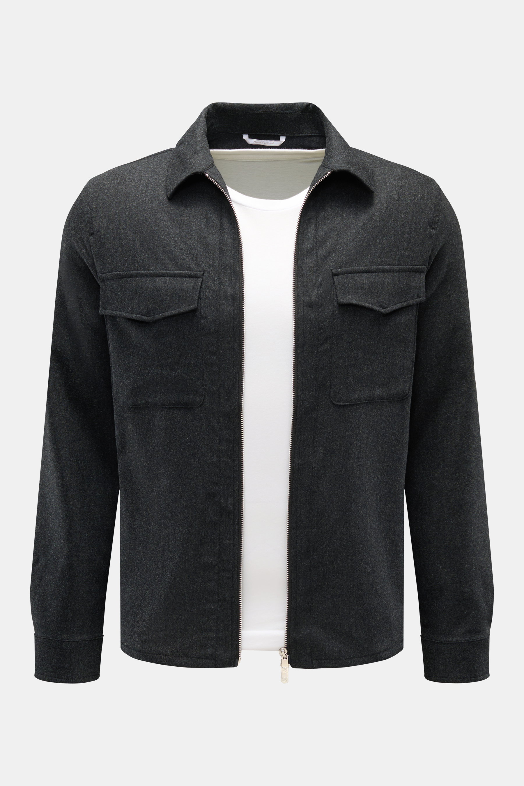 Marco Pescarolo Overshirt 'Urus' anthrazit meliert, frontal fotografiert, mit Zipper, Brusttaschen, Wolle-Cashmere-Mix, Slim Fit, weicher Griff.