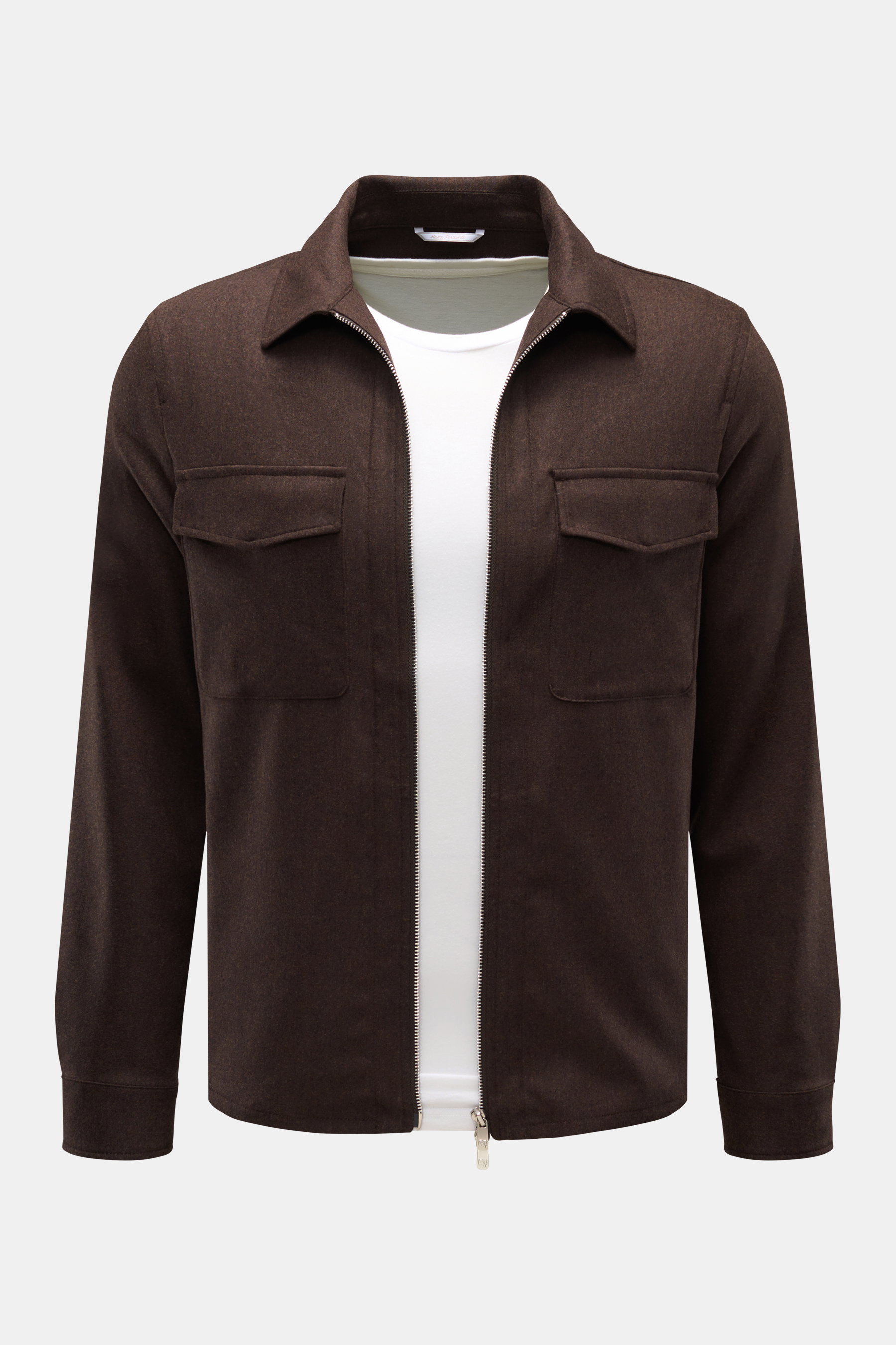 Marco Pescarolo Overshirt 'Urus' dunkelbraun meliert, frontal fotografiert, Slim Fit mit Umlegekragen, Zipper, Brusttaschen, weiche Woll-Cashmere-Mischung.