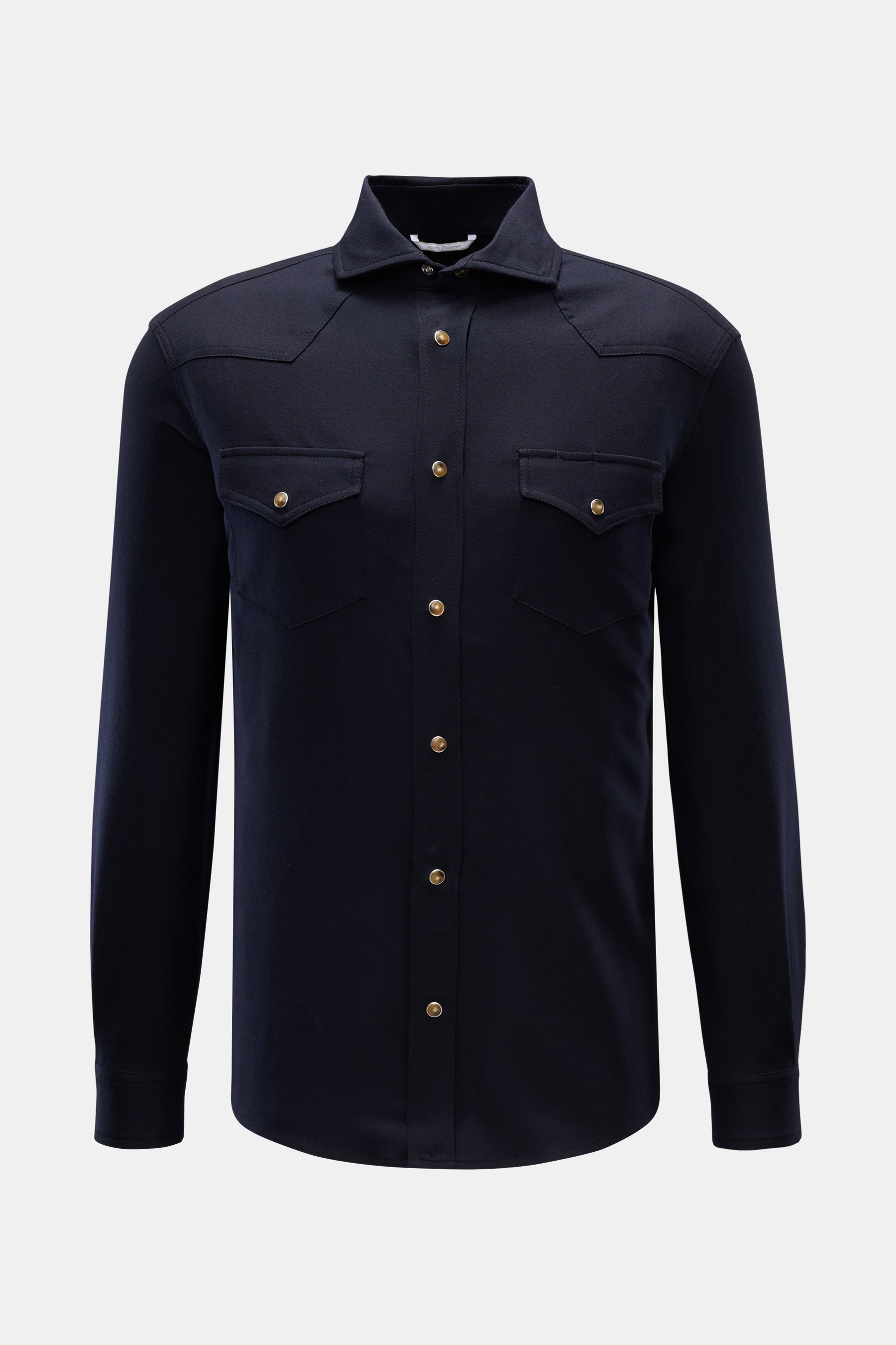 Frontansicht des Marco Pescarolo Overshirt 'Ribot' navy aus reiner, leichter Wolle mit Haifisch-Kragen, Druckknöpfen und Brusttaschen.