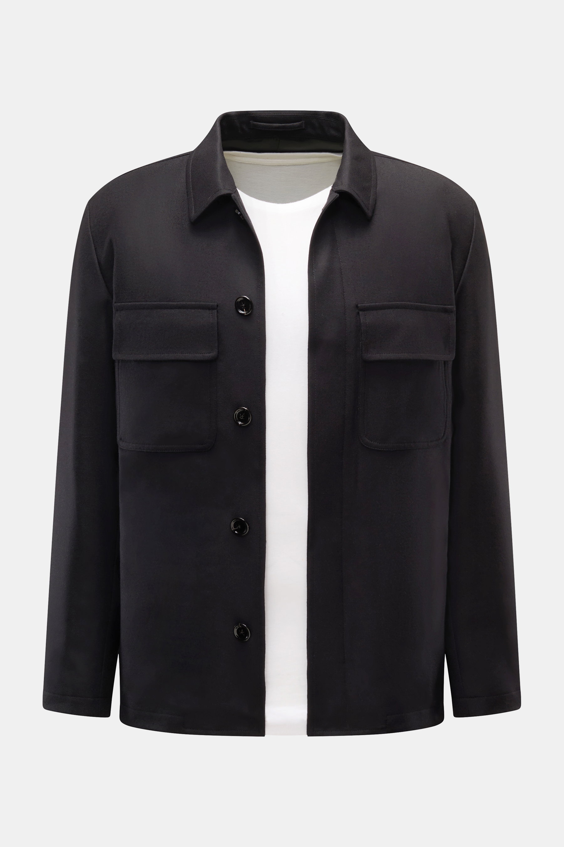 Lardini Woll-Overshirt 'Aaansel' schwarz, Frontansicht, Regular Fit, Kammgarn-Flanell, verdeckte Knopfleiste, Brust- und Hüfttaschen.