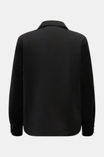 Rear view of the 04651/ A trip in a bag Seersucker-Overshirt schwarz in black, slim fit with Kent collar, garment dyed wool and microfiber, long sleeves with buttoned cuffs, photographed against a white background.
