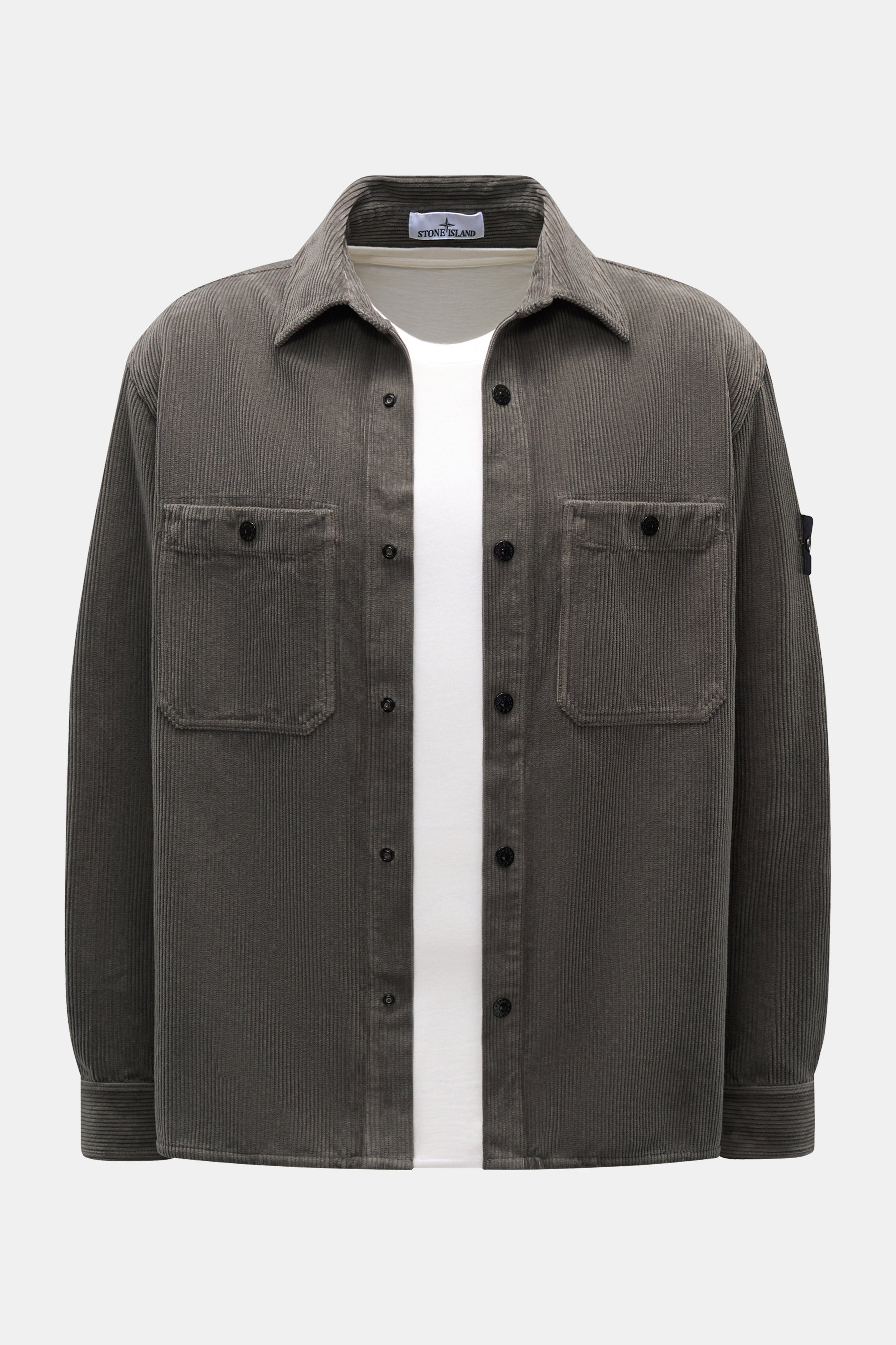 Stone Island Cord Overshirt 'Organic Cotton Corduroy' dunkelgrau, frontale Ansicht, oversized Fit, Cord aus Bio-Baumwolle, Kompass-Badge am Ärmel.