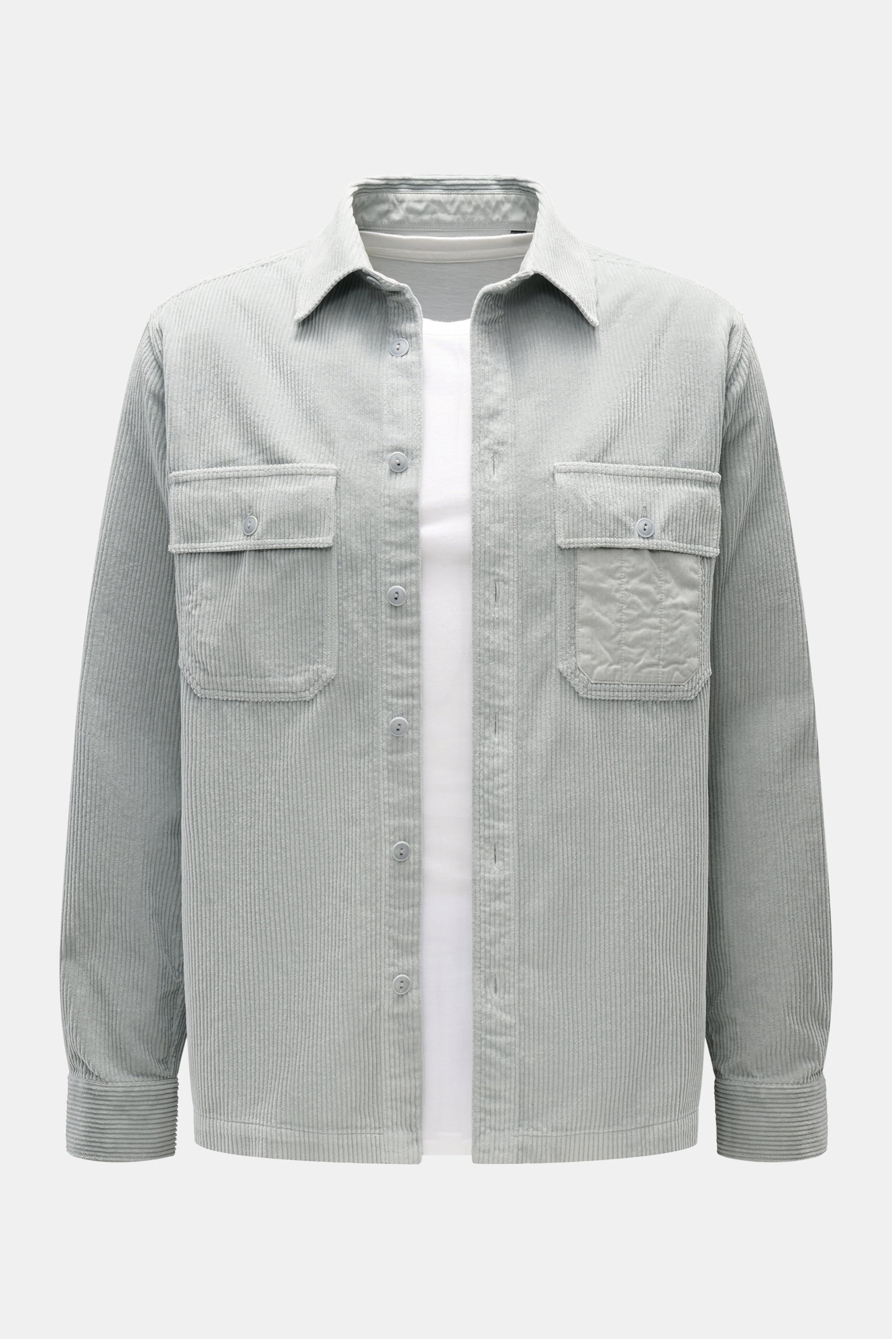 Belstaff Cord-Overshirt 'Fallgate' grau, Slim Fit Baumwollcord, Umlegekragen, Knopfleiste, Brusttaschen, Twill-Ärmel, frontal fotografiert.