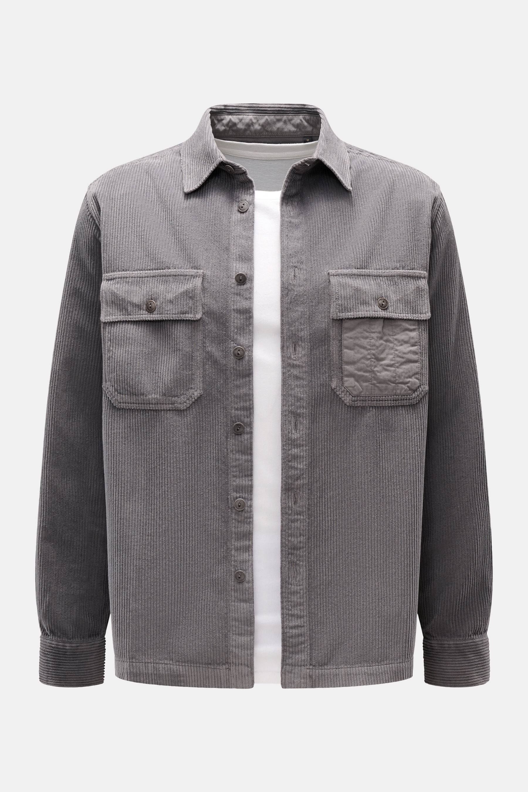 Belstaff Cord-Overshirt 'Fallgate' dunkelgrau, slim Fit, aus robustem Baumwollcord mit Umlegekragen, Brusttaschen, tonalen Twill-Einsätzen, frontal fotografiert.