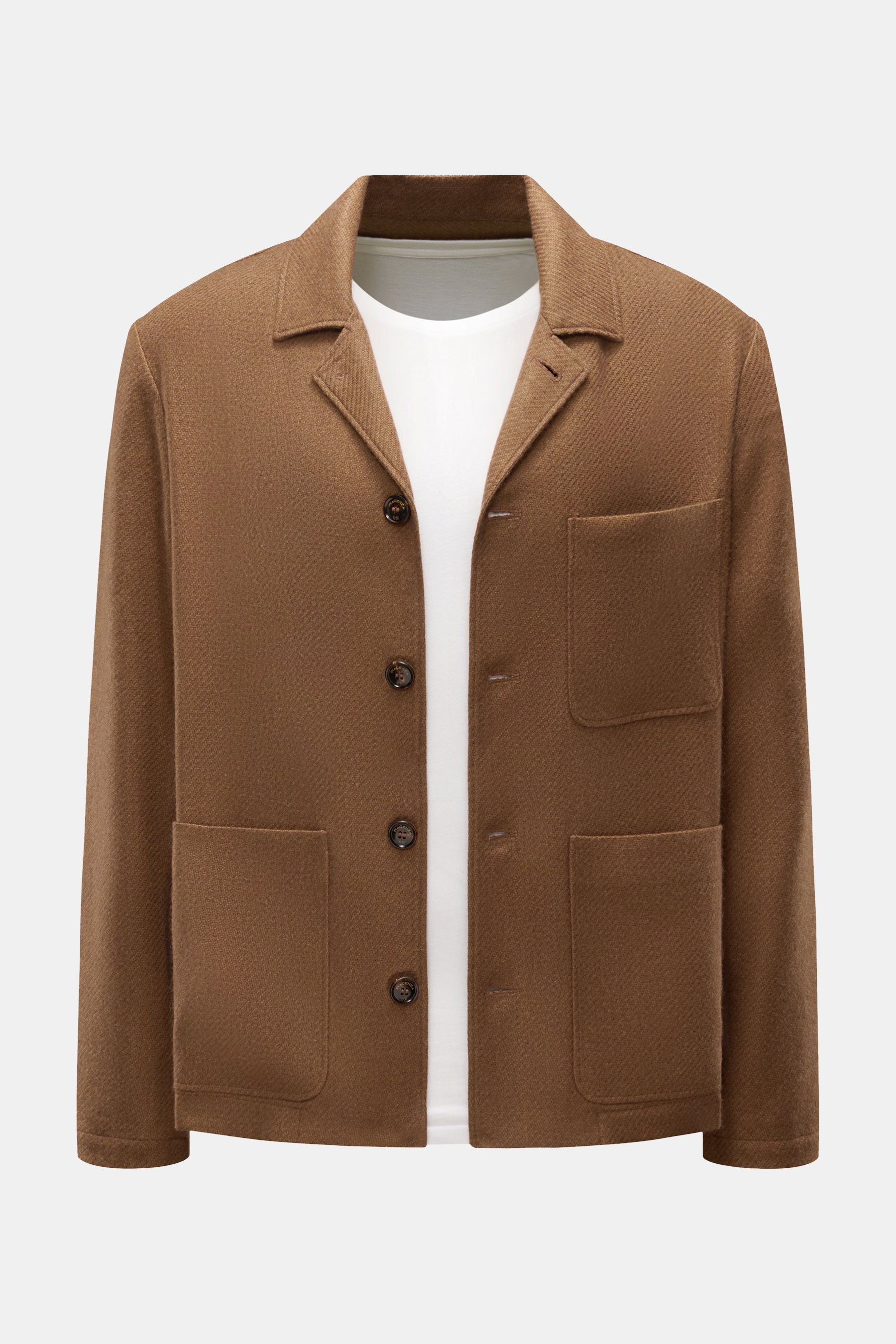 Piacenza 1733 Overshirt braun, frontale Nahaufnahme, oversized Cashmere-Seide-Mix mit Knopfleiste, Brust- und Hüfttaschen, variabler Kragen.