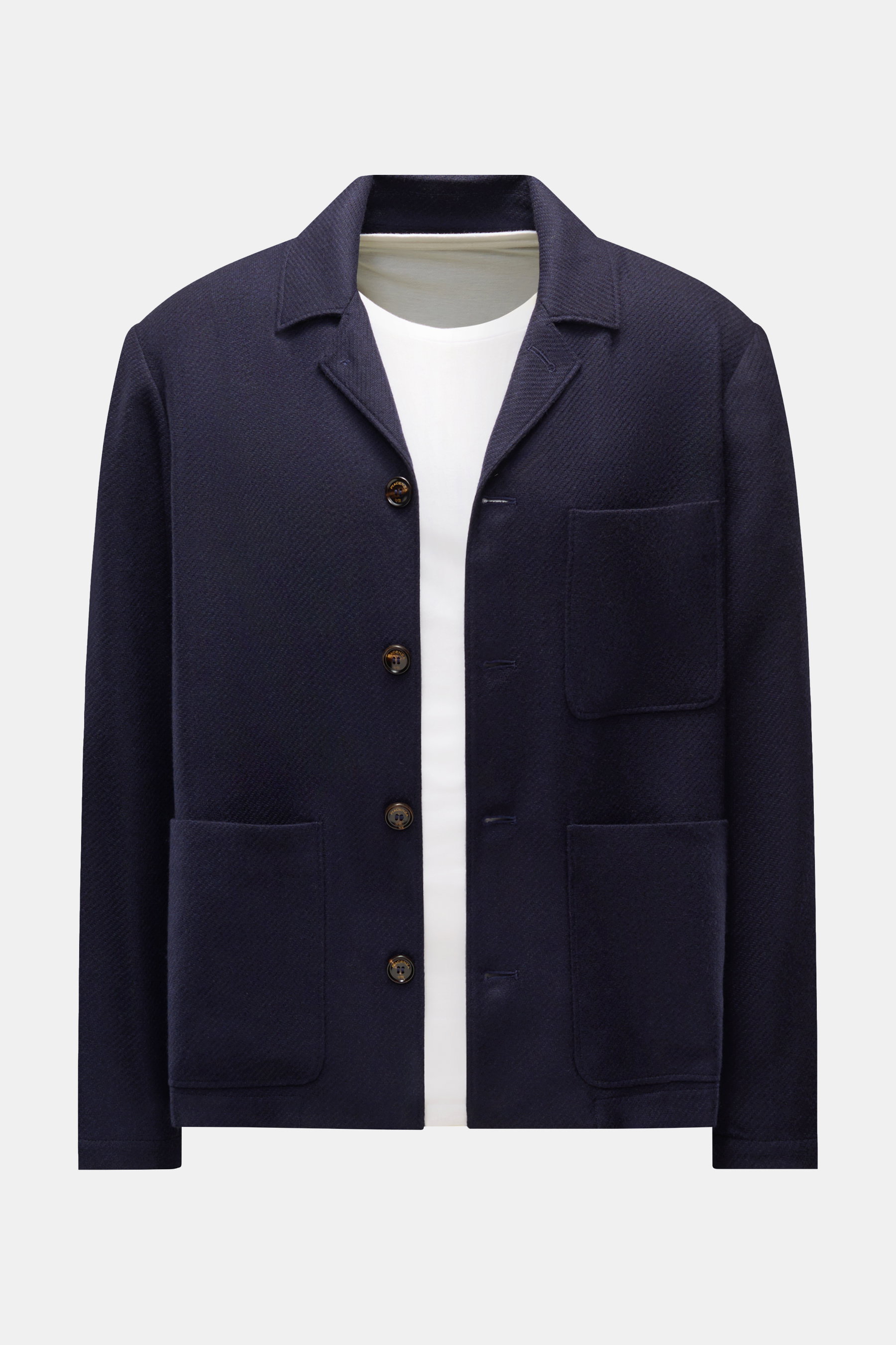 Piacenza 1733 Overshirt navy, frontal fotografiert, aus Cashmere-Seide-Mix, oversized Fit, variabler Kragen, fünf Knöpfe, Brust- und Hüfttaschen, ungefüttert, weich, fein strukturiert – Luxus zum Anziehen.