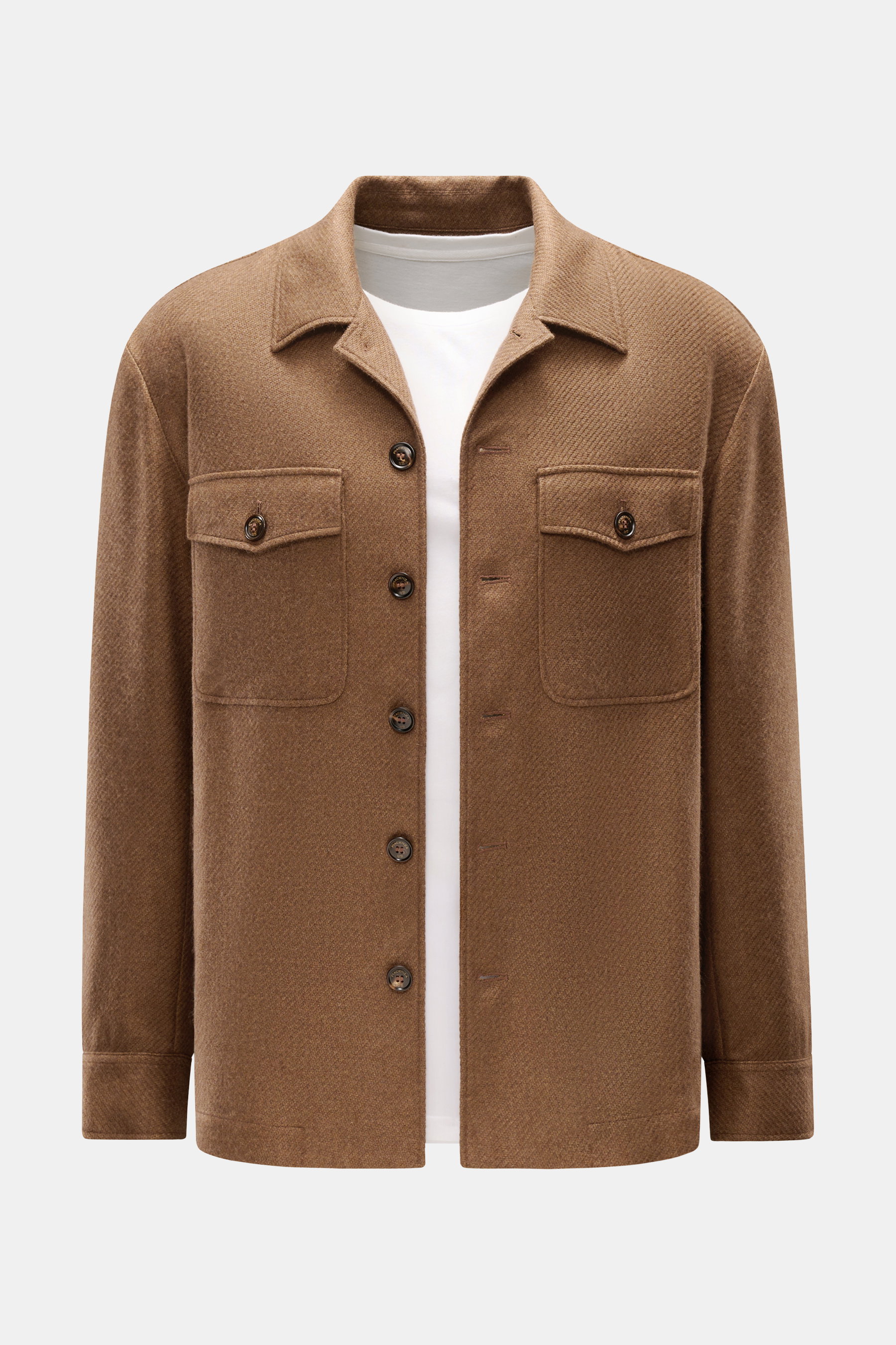 Braunes Piacenza 1733 Overshirt aus Cashmere-Seide-Mix, von vorne fotografiert, mit Umlegekragen, sechs Knöpfen, Brusttaschen und Manschetten.