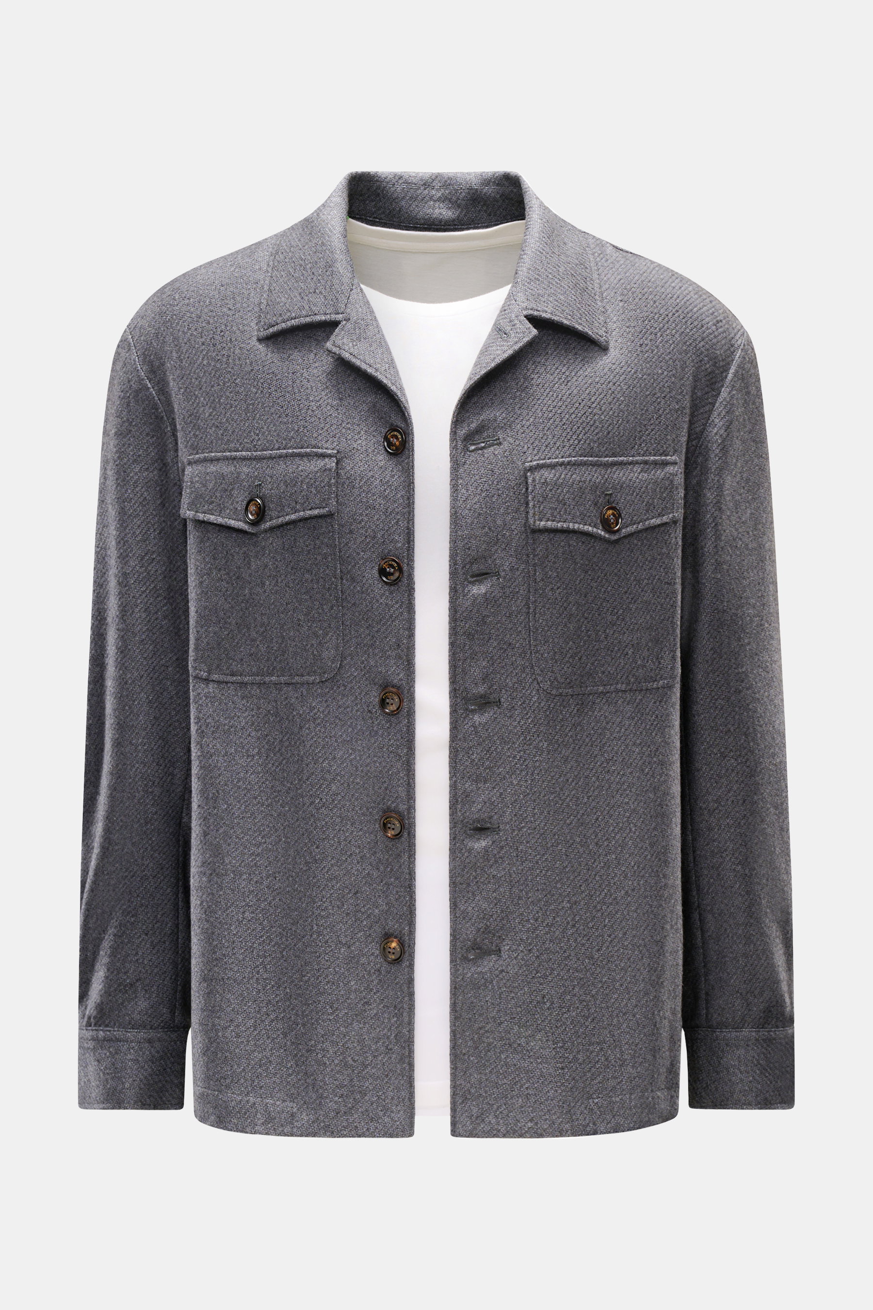 Piacenza 1733 Overshirt dunkelgrau meliert, frontale Nahaufnahme, Regular Fit, Umlegekragen, Knopfleiste, Brusttaschen, feine Cashmere-Seide-Struktur.