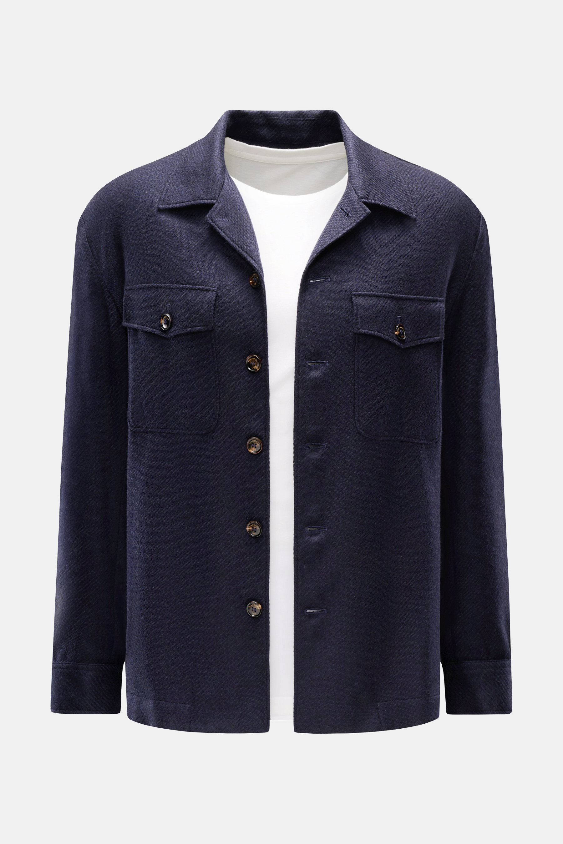 Piacenza 1733 Overshirt navy aus Cashmere-Seide-Mix, Regular Fit, Hemdkragen, Knopfleiste, Brusttaschen, Manschetten, Saumschlitze, Frontansicht.