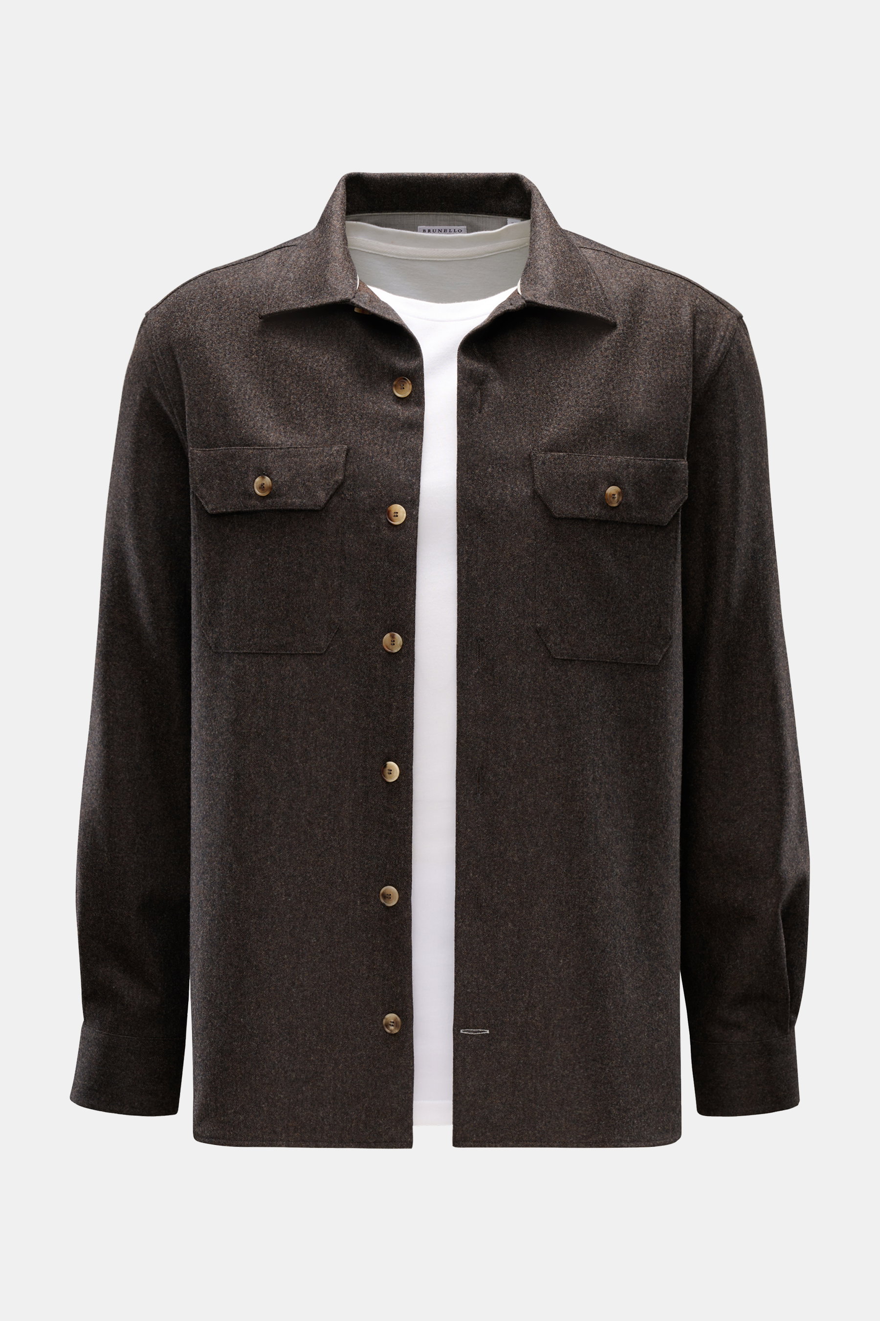 Brunello Cucinelli Overshirt dunkelgrau meliert, Slim Fit, reine weiche Wolle, frontale Nahaufnahme, Umlegekragen, Knopfleiste, Brusttaschen, Sportmanschette.