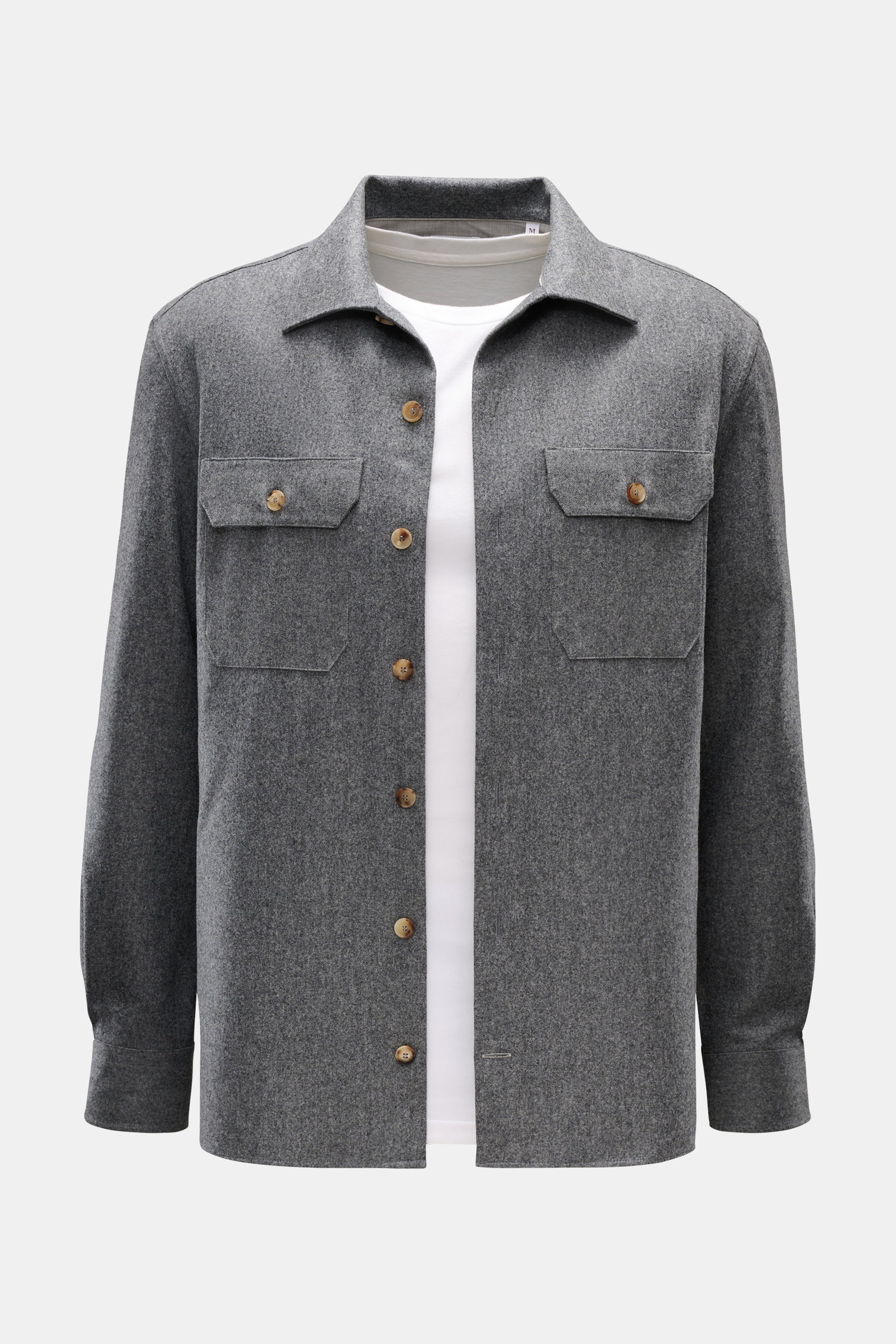 Front view of a grey wool overshirt with brown buttons and two chest pockets, styled over a white shirt; Brunello Cucinelli Overshirt bordeaux meliert. <p>Dieses Overshirt aus reiner, softer Wolle von BRUNELLO CUCINELLI ist ein perfektes Layering-Piece fü