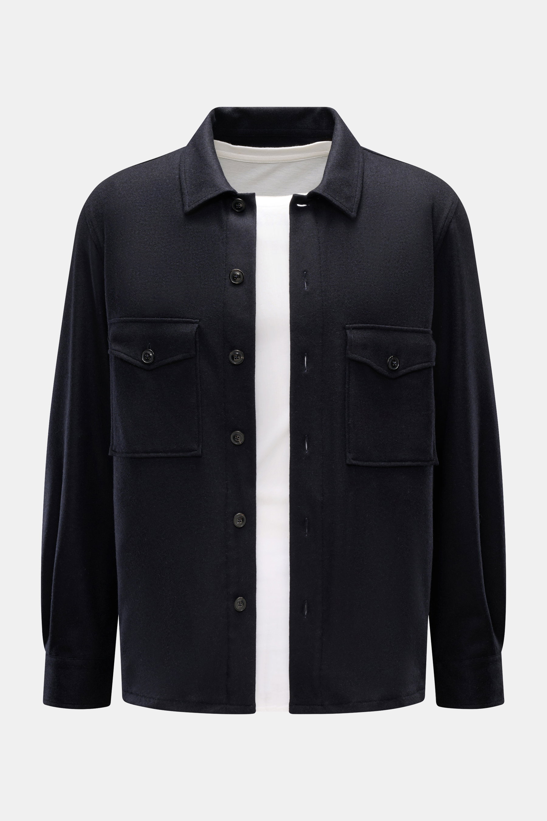 Windsor Cashmere Overshirt "Osimo" dark navy, frontale Nahaufnahme, Slim Fit, Flanell aus Cashmere, Umlegekragen, sechs Knöpfe, Brust- und Eingriffstaschen, weicher Griff.