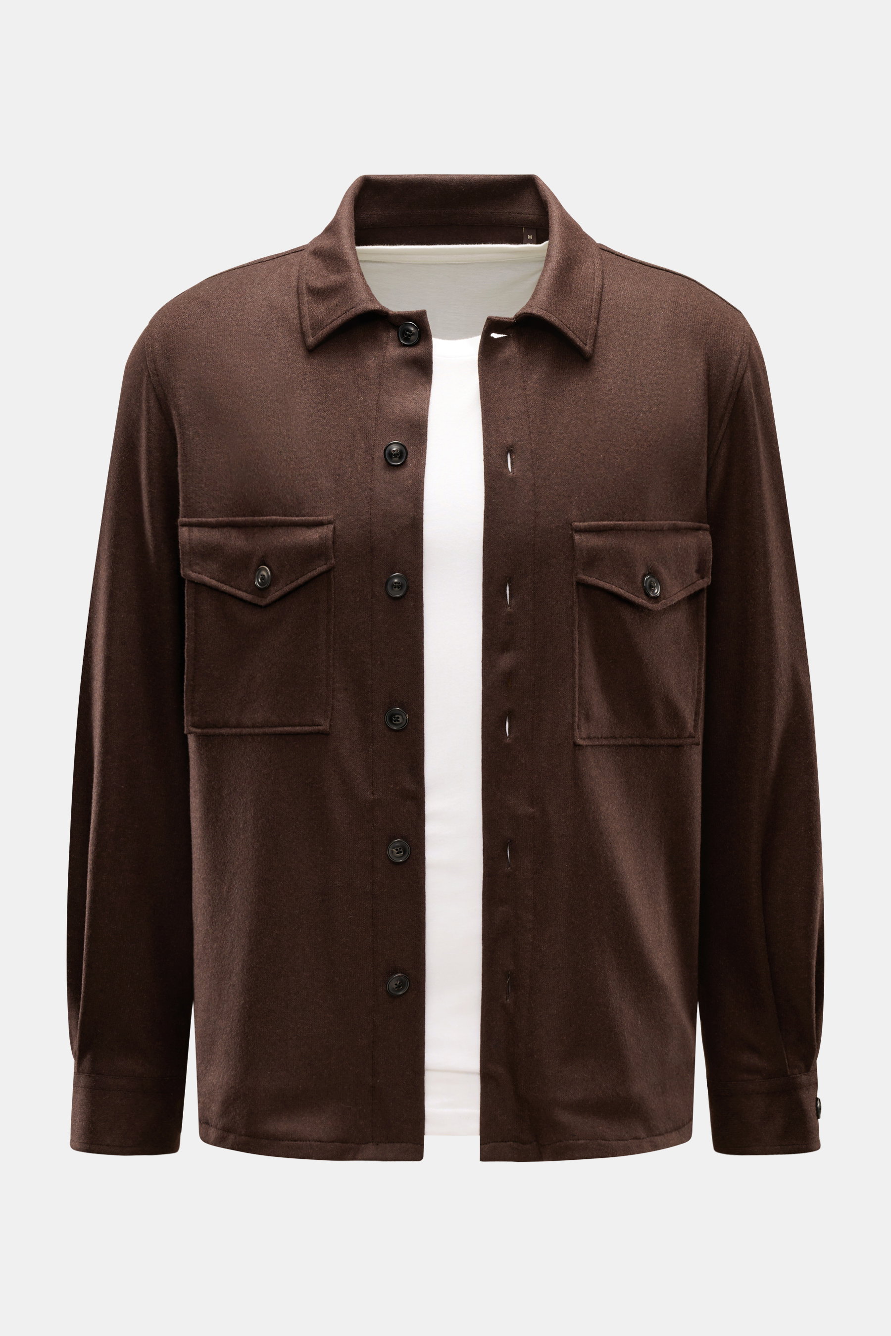 Windsor Cashmere Overshirt 'Osimo' dunkelbraun, frontal fotografiert, mit Umlegekragen, Slim Fit, sechs Knöpfen, Brust- und Eingriffstaschen aus weichem Flanell.