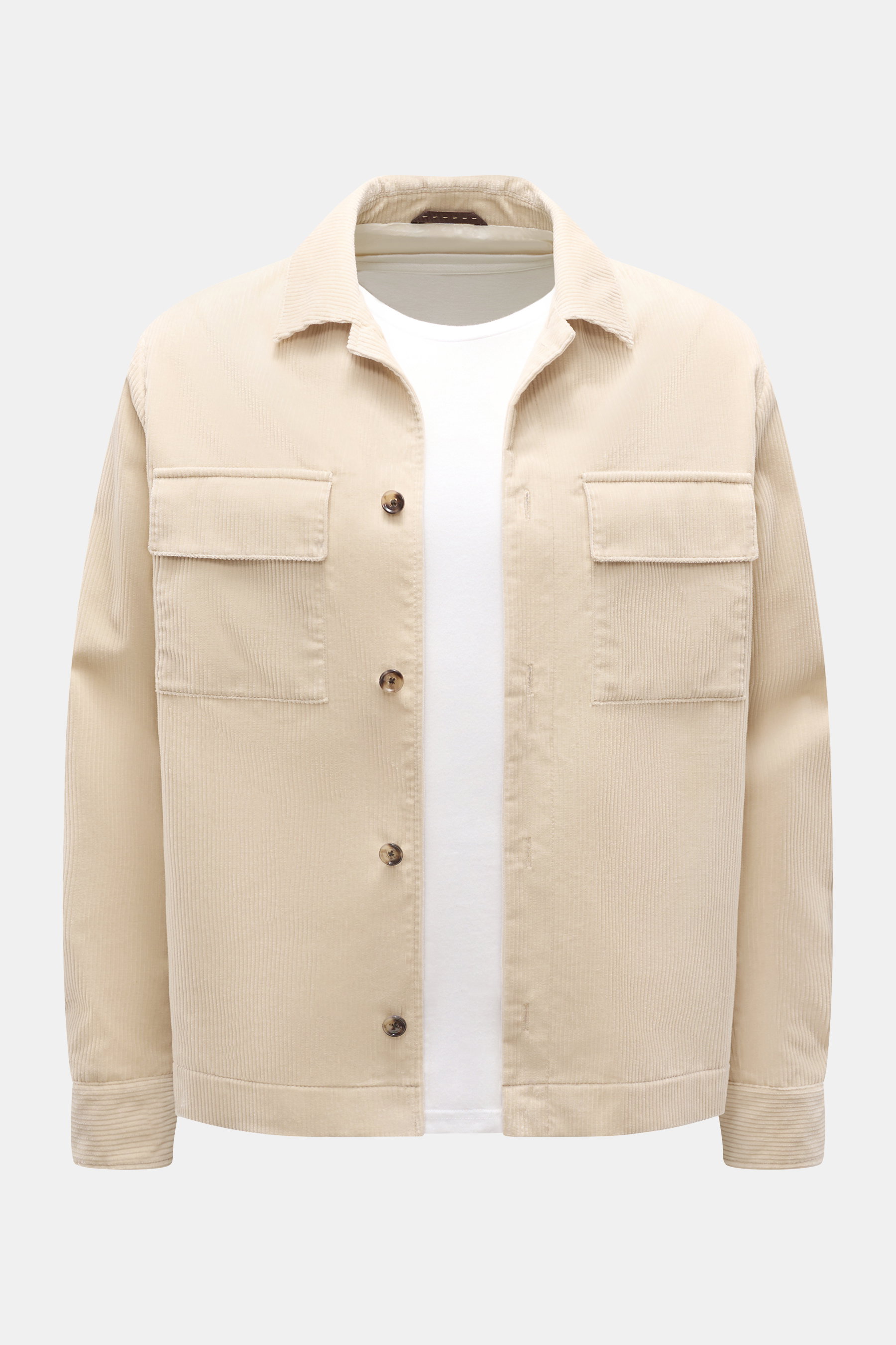 Windsor Cord-Overshirt 'Lavoro' sand, frontale Nahaufnahme, Slim Fit Cord aus Baumwolle, Umlegekragen, Knopfleiste, Brust- und Eingriffstaschen.