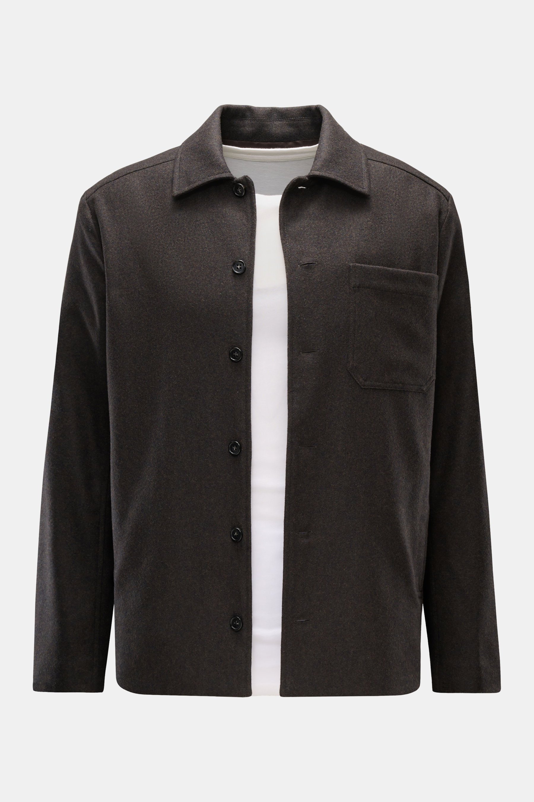 A.P.C. Overshirt 'Jamie' graubraun meliert, frontal fotografiert, aus Woll-Microfaser-Mix, Regular Fit, mit Umlegekragen, Sechs-Knopf-Leiste, Brusttasche, Seitentaschen, geschmeidigem Futter und geradem Saum.
