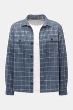 04651/ A trip in a bag Overshirt schwarz/blau/hellgrau kariert, Slim Fit, Glencheck, Woll-Mix, frontale Ansicht mit Umlegekragen, Knopfleiste und Brusttaschen.