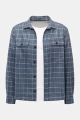 04651/ A trip in a bag Overshirt schwarz/blau/hellgrau kariert, Slim Fit, Glencheck, Woll-Mix, frontale Ansicht mit Umlegekragen, Knopfleiste und Brusttaschen.
