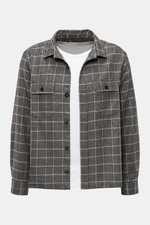 Frontale Nahaufnahme des 04651/ A trip in a bag Overshirt schwarz/grau kariert mit Glencheck-Muster, Slim Fit, Umlegekragen, Knopfleiste und Brusttaschen.