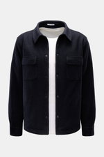 04651/ A trip in a bag Overshirt 'Wool Overshirt' navy, leicht wattiert, Bouclé aus Microfaser und Wolle, Slim Fit, von vorne fotografiert.