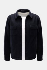 04651/ A trip in a bag Overshirt 'Wool Overshirt' navy, leicht wattiert, Bouclé aus Microfaser und Wolle, Slim Fit, von vorne fotografiert.