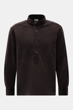 Front view of 04651/ A trip in a bag Popover corduroy shirt grandad collar dark brown, a timeless all-rounder with soft cotton-modal blend, regular fit, grandad collar, classic barrel cuffs, and straight hem.