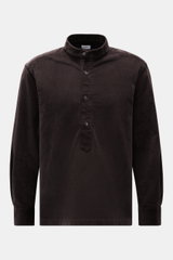 Front view of 04651/ A trip in a bag Popover corduroy shirt grandad collar dark brown, a timeless all-rounder with soft cotton-modal blend, regular fit, grandad collar, classic barrel cuffs, and straight hem.