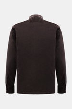 Rear view of 04651/ A trip in a bag Popover corduroy shirt grandad collar dark brown, made of cotton-modal blend, soft feel, regular fit, classic barrel cuffs, and straight hem, timeless all-rounder casual essential and versatile layering piece.