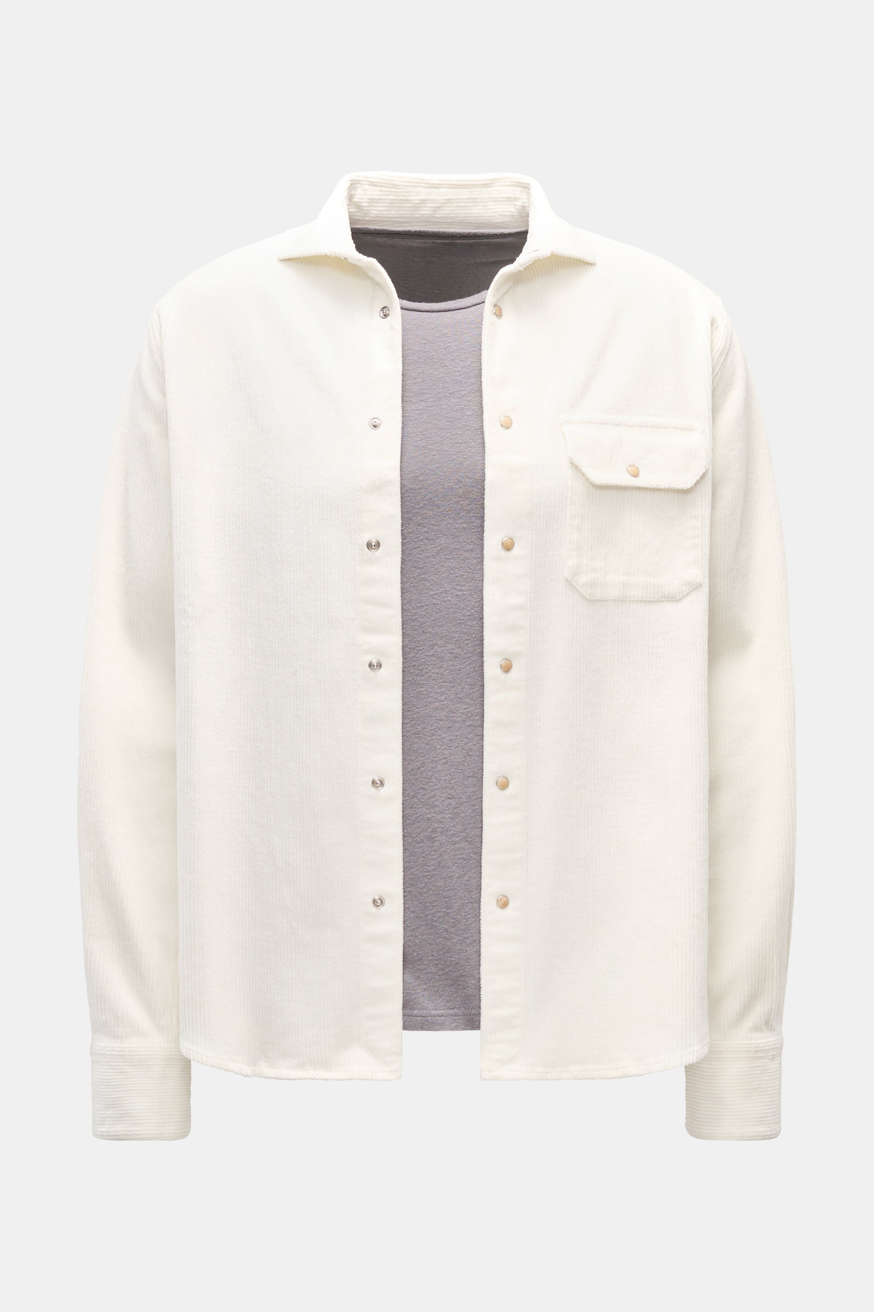 Ace Denim Cord-Overshirt offwhite aus reiner Baumwolle, von vorne fotografiert, mit Umlegekragen, Druckknopfleiste und Brusttasche.