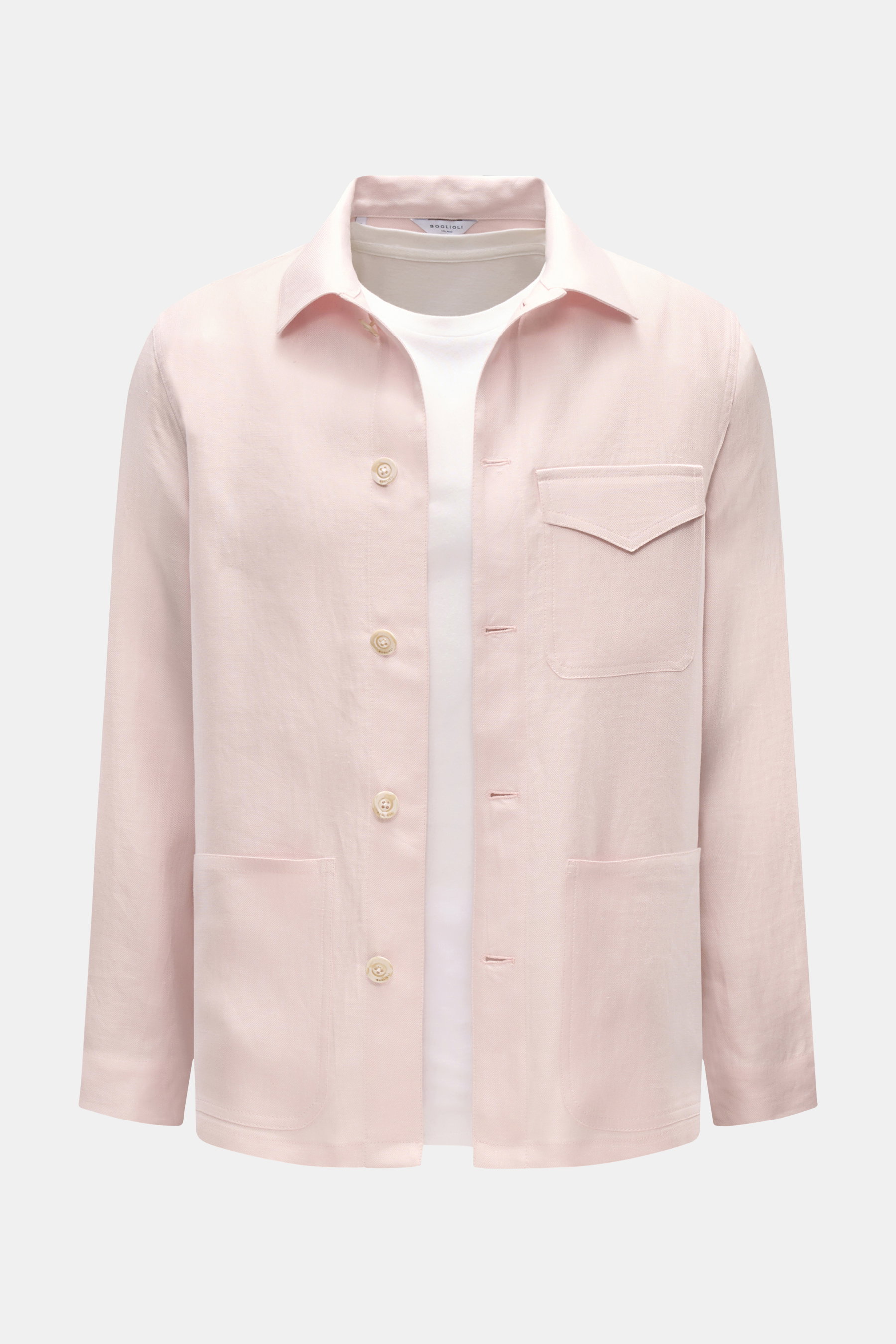 Vorderansicht des Boglioli Leinen Overshirt rosé aus reinem Leinen in feinem Twill, Slim Fit, mit Umlegekragen, Brust- und Hüfttaschen.