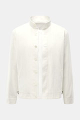 Front view of Stile Latino Overshirt 'Gbu Teseo' cream in pure cotton, slim fit with standing collar, seven-button placket, jetted pockets, button cuffs, and unconstructed design, combining exquisite quality with timeless elegance for transitional seasons
