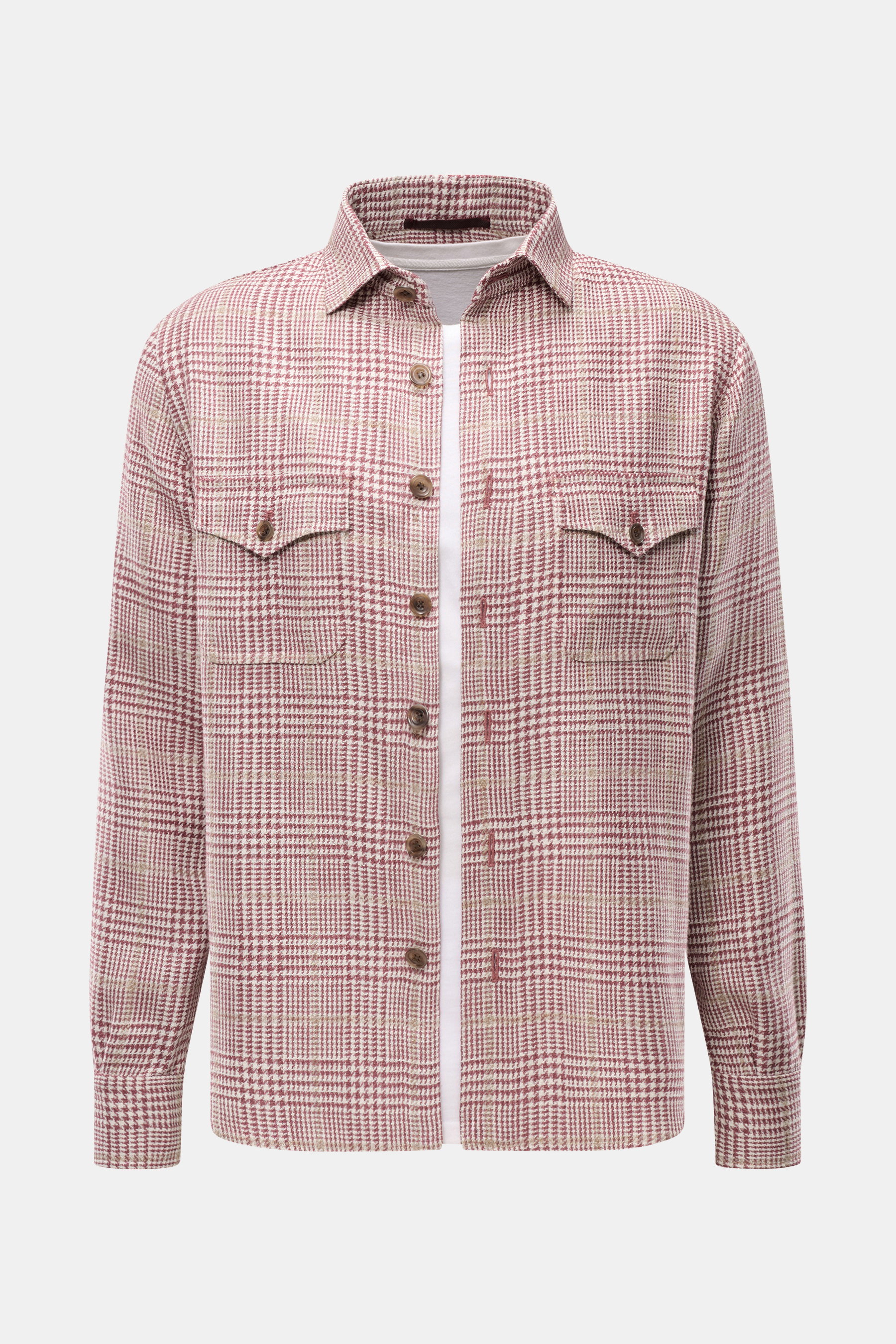 Frontansicht des Stile Latino Overshirts 'Gu Kansas' dunkelrot/creme kariert mit Slim Fit, sieben Knöpfen, Brusttaschen, schmalem Kragen, gerundetem Saum.